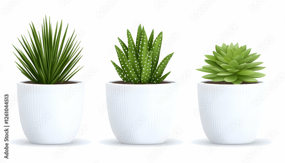 Three potted succulents on a white background. Great for natural decoration in a home Three potted succulents on a white background. Great for natural decoration in a home