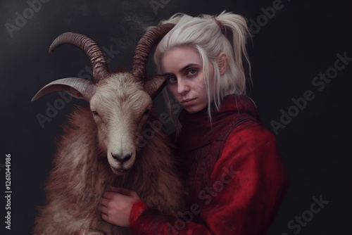 Female horned demon holding a goat