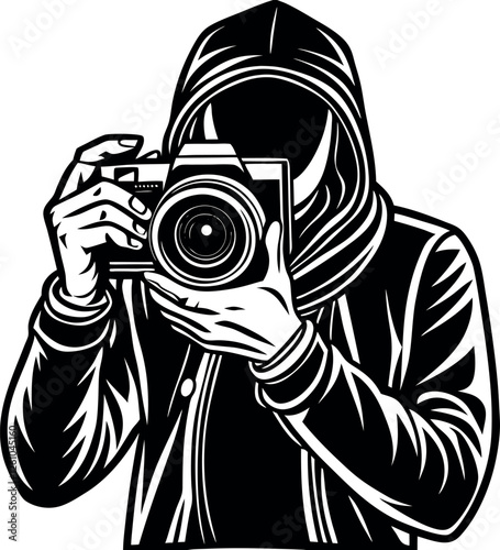 Black Photographer with Camera Silhouette Doodle Art Vector Illustration | Hand-Drawn Photographer Sketch | Photography, Camera Equipment, and Artistic Vision Clipart Design