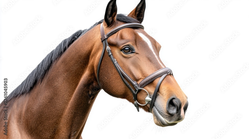 Close Up Portrait of a Majestic Brown Horse with Elegant Features Against a White Background Close Up Portrait of a Majestic Brown Horse with Elegant Features Against a White Background