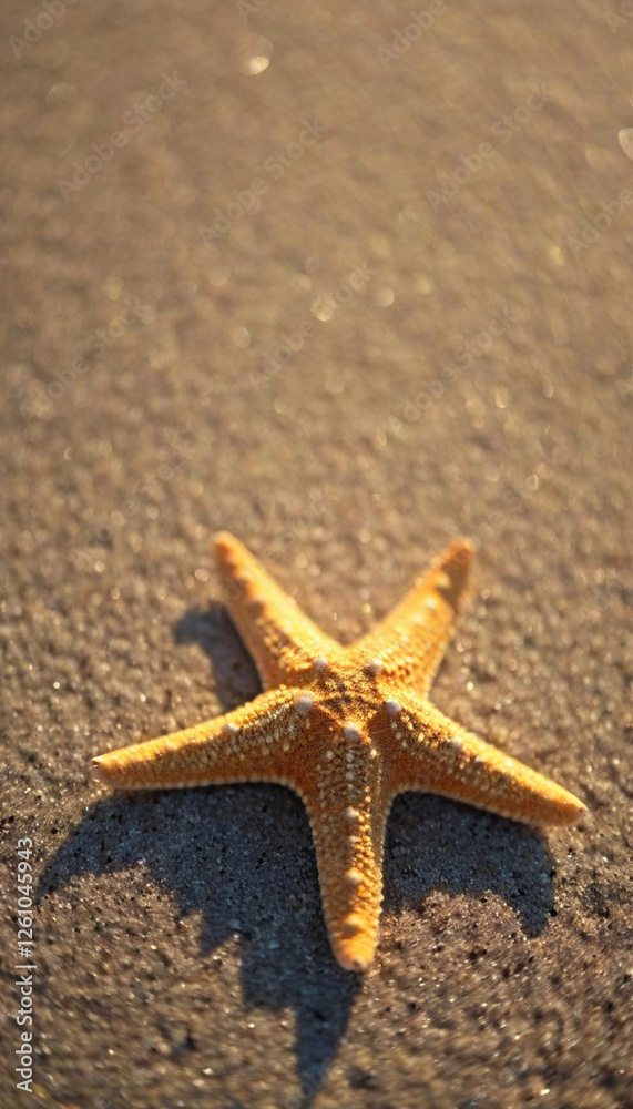 A glitter-covered starfish lying on a shimmering sandy surface, reflecting golden sunlight.