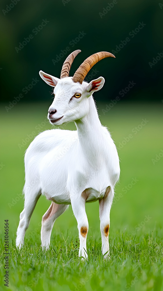 White goat standing alert in meadow, looking curious, in a lush green field, for farm ads White goat standing alert in meadow, looking curious, in a lush green field, for farm ads