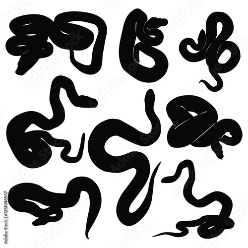 Snake silhouette, Isolated snake silhouette on white background, snake silhouette high quality vector, venomous snake collection, Russell's viper, python.