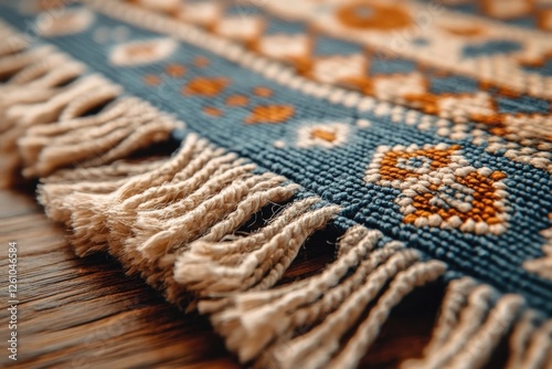 Close-up View of a Blue Prayer Rug With Geometric Patterns and Tassels on a Wooden Floor Highlighting Texture and Warm Light