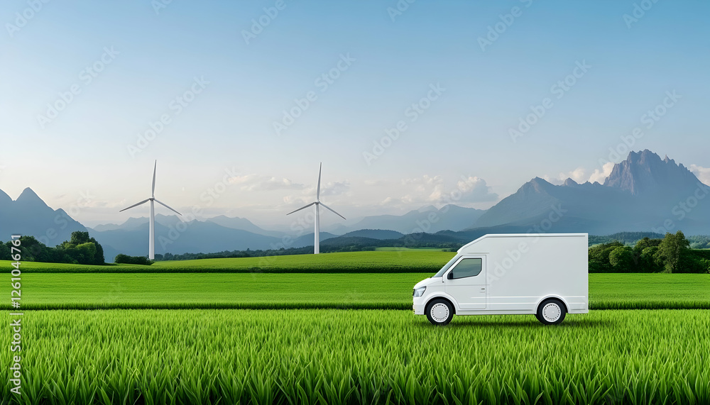 White van driving on green field. Wind turbines. Sustainable transport for e-commerce delivery White van driving on green field. Wind turbines. Sustainable transport for e-commerce delivery