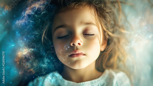 Dreaming of Nebulae, Child's Face Surrounded by Cosmic Wonder and Dreams photo