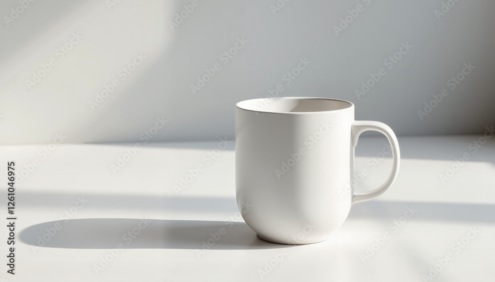 White coffee mug on a minimalistic table White coffee mug on a minimalistic table