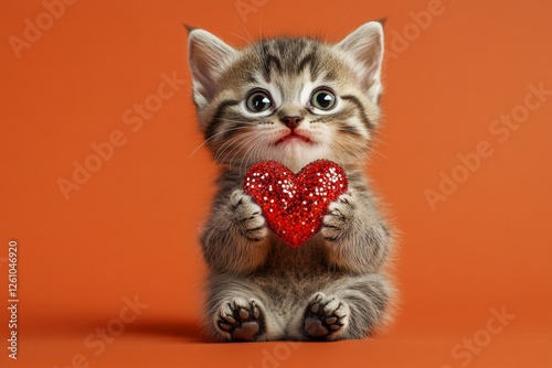 Promotion visual idea pattern. Singapura - my beloved cat. Cute singapura baby feline with sparkling rhinestones red heart - symbol of love, funny greeting card. February 14 valentine's pet.