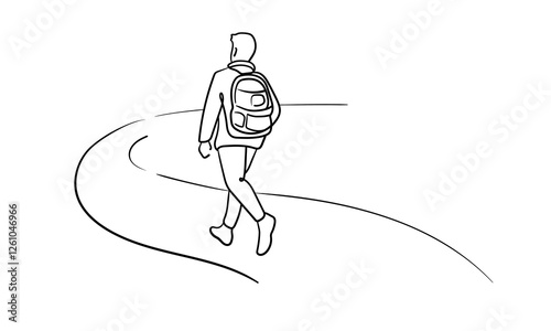 Male person go far away walk alone outdoor life, continuous line art drawing isolated on white background. Loneliness while walking. Vector illustration photo