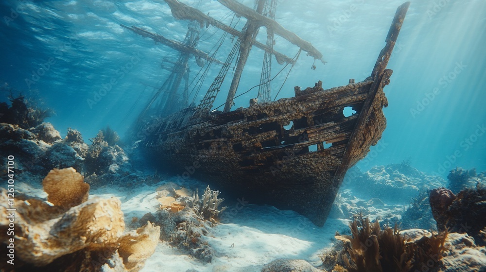 Naklejka premium Sunlit shipwreck rests on ocean floor, coral reef background; marine exploration