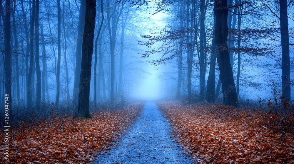 Naklejka premium Misty Forest Path Autumn Leaves Pathway