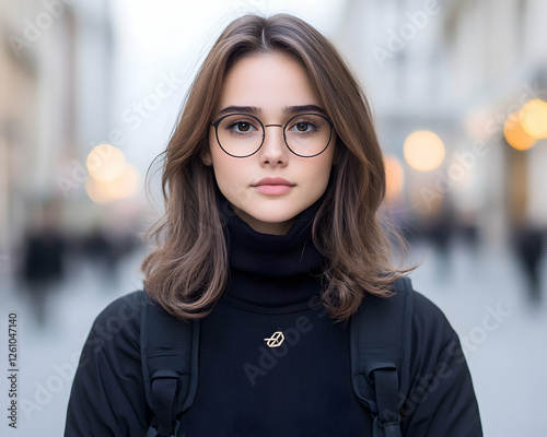 Woman in glasses smiles in a busy European street, wearing dark clothes