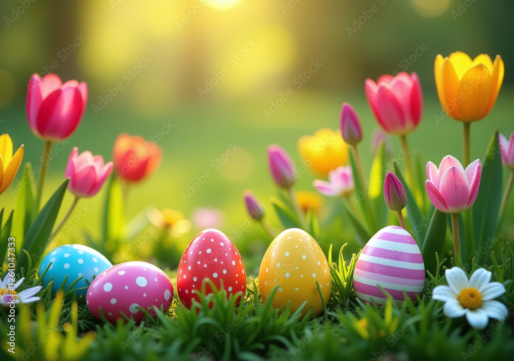 Fototapeta premium fresh eggs hidden among colorful flowers create beautiful easter scene outdoors every