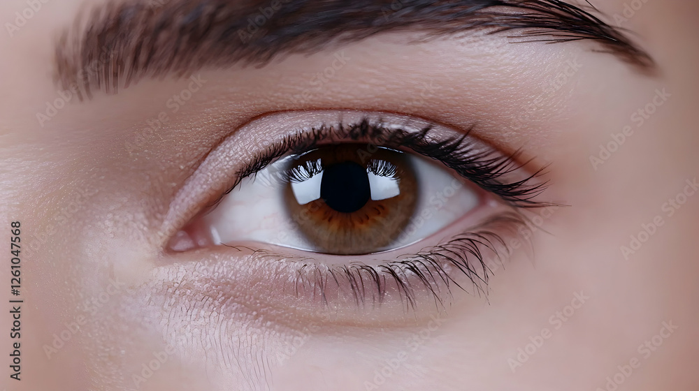 Obraz premium Woman’s eye close-up showing clear detail, and a neutral background. Beauty shot for medical or cosmetic use