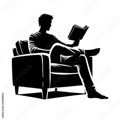 Young man silhouette reading a book while relaxing on an armchair in a minimalist style on a plain background