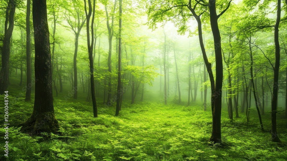 Misty Green Forest With Lush Undergrowth And Tall Trees Misty Green Forest With Lush Undergrowth And Tall Trees