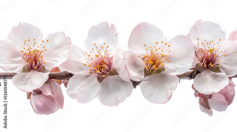 Delicate Pink Cherry Blossoms in Full Bloom on a Branch Against a White Background Delicate Pink Cherry Blossoms in Full Bloom on a Branch Against a White Background