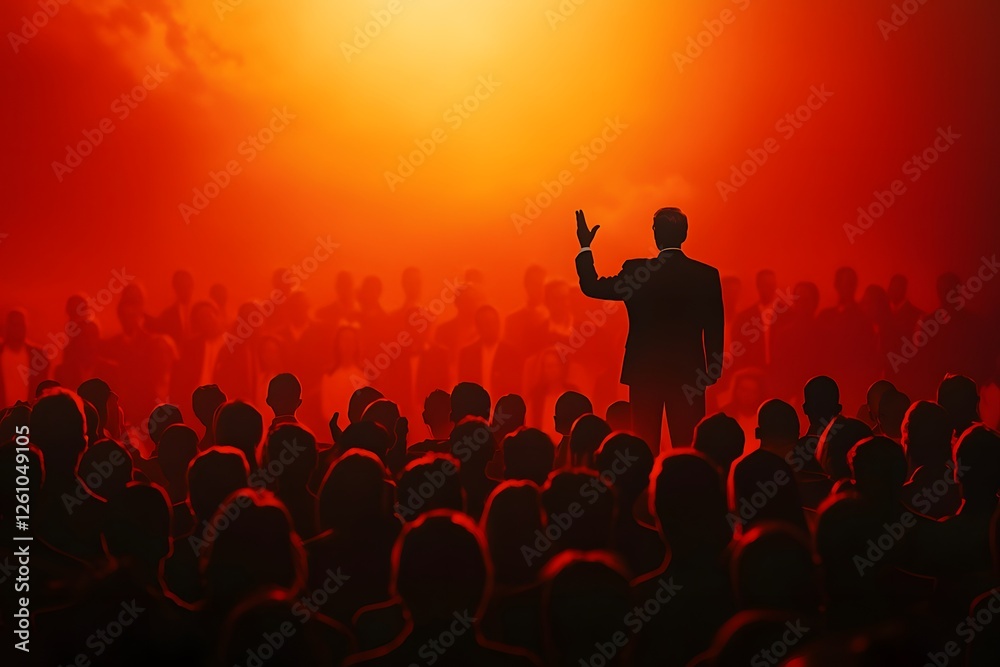Fototapeta premium Leader on Stage: A solitary figure, silhouetted against a fiery backdrop, stands poised on a stage, addressing a vast crowd. His raised hand and passionate gaze suggest an impactful message.