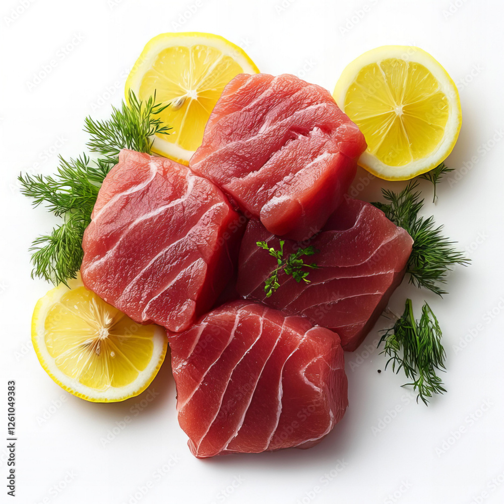 Fresh Raw Tuna Steak with Lemon and Herbs on White Background, Top View