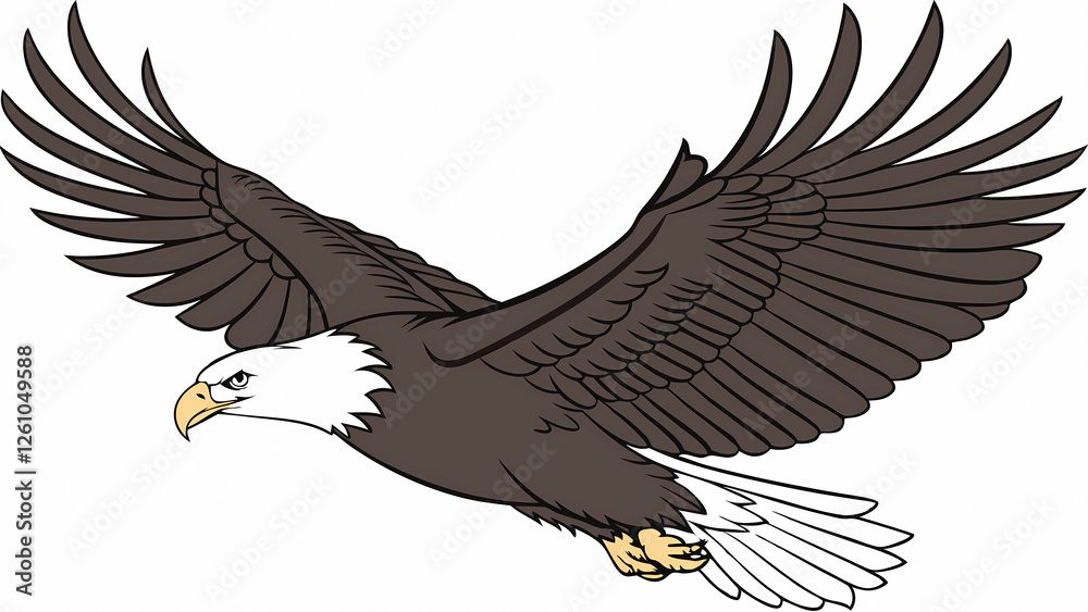 Fototapeta premium Bold illustration of an eagle soaring with outstretched wings on a white background