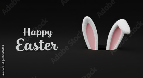 Playful easter design with bunny ears and happy easter text on black background