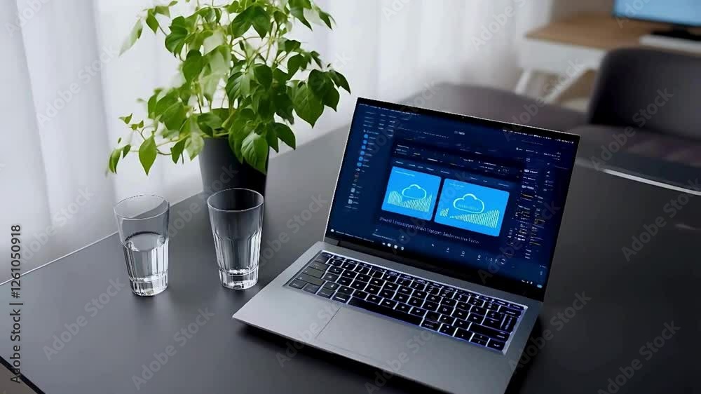 laptop sobre mesa de oficina con vaso de agua y planta