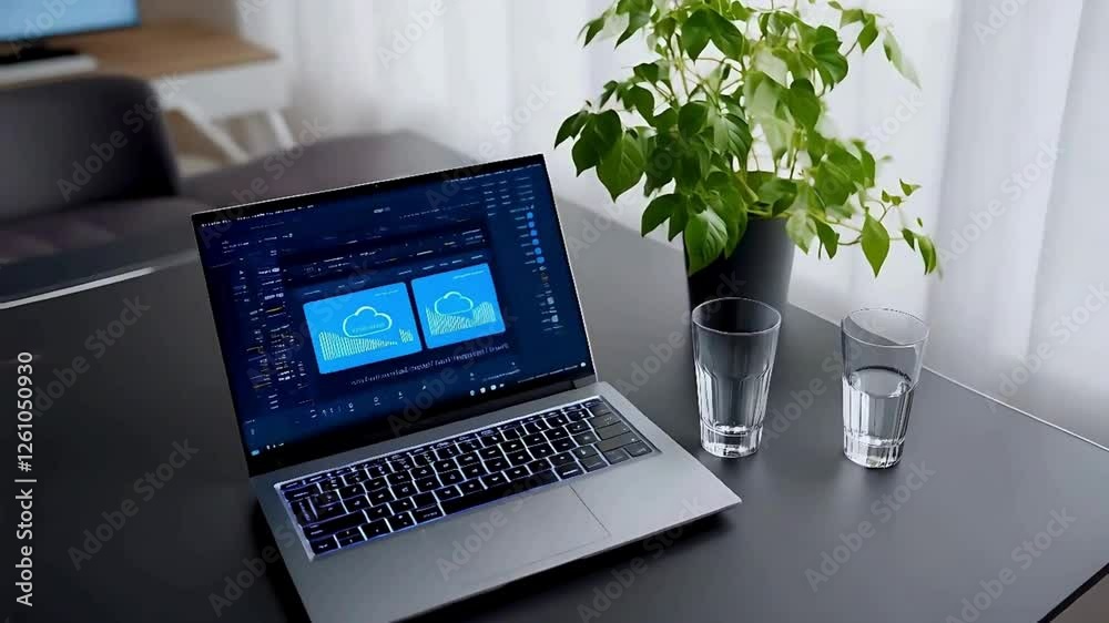 laptop sobre mesa de oficina con vaso de agua y planta