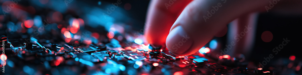 Human Finger Interacting with Illuminated Circuit Board Human Finger Interacting with Illuminated Circuit Board