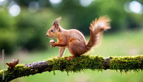Craft a whimsical scene with a squirrel perched on a branch, holding an acorn, while leaves swirl around it in the breeze.