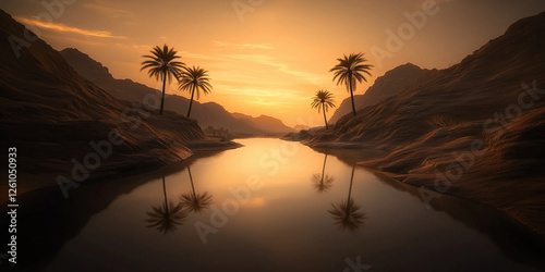 Golden hour light casts long shadows across an Omani desert oasis, with rocky canyon walls, palm trees silhouetted against the sunset, and warm light reflecting in the pool of water.