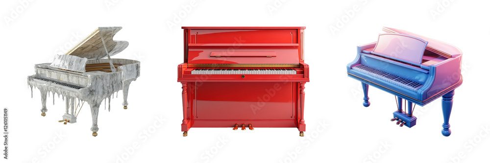 Antique frozen grand piano, glossy red upright, and modern blue baby grand piano set isolated on transparent background Antique frozen grand piano, glossy red upright, and modern blue baby grand piano set isolated on transparent background
