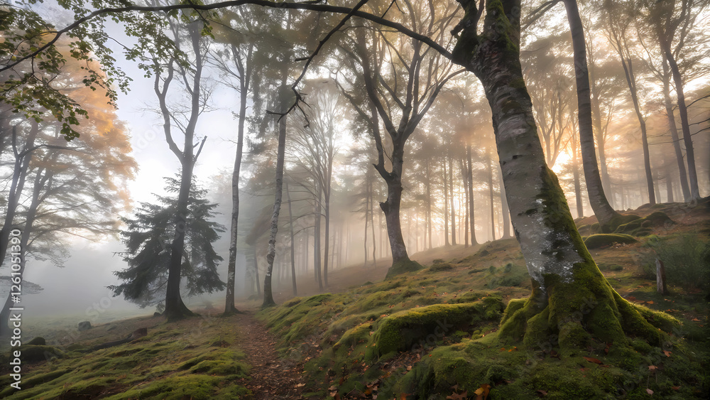 Obraz premium Misty forest scene with sunrays filtering through trees and mossy ground