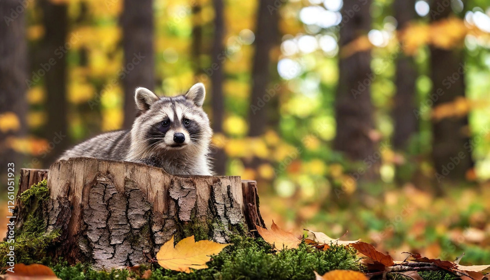 Obraz premium Build a 3d diorama showcasing a curious raccoon peeking out from a hollow tree stump, surrounded by scattered autumn foliage.