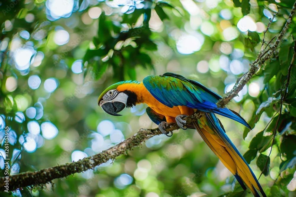 Obraz premium Vibrant blue-and-yellow macaw perches on a branch amidst the lush foliage of a tropical rainforest, its colorful plumage standing out against the green backdrop