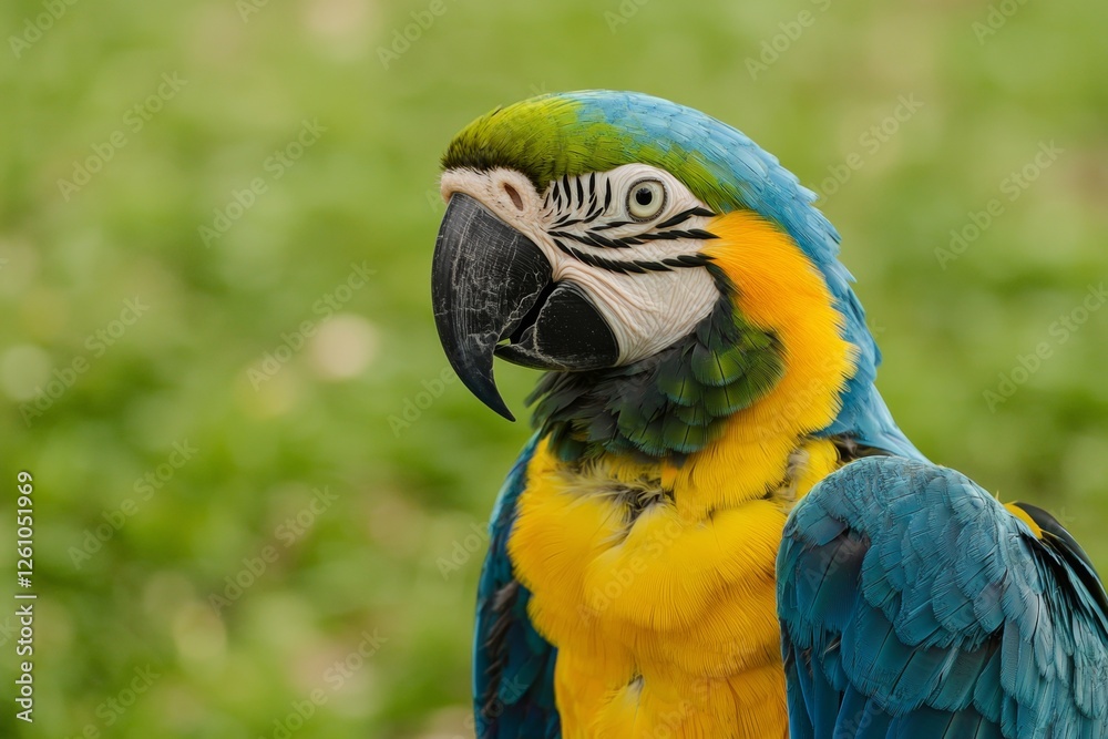 Fototapeta premium Close-up portrait of a colorful blue-and-yellow macaw parrot showing its vibrant blue, yellow, and green feathers, perched against a blurred green backdrop