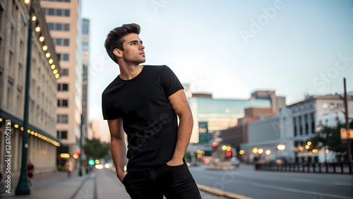 young man in a black t-shirt posing thoughtfully on an urban street at dusk