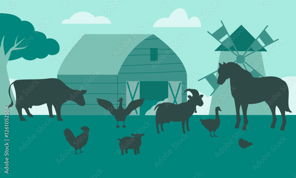Fototapeta premium Silhouette farm scene with animals, barn, mill