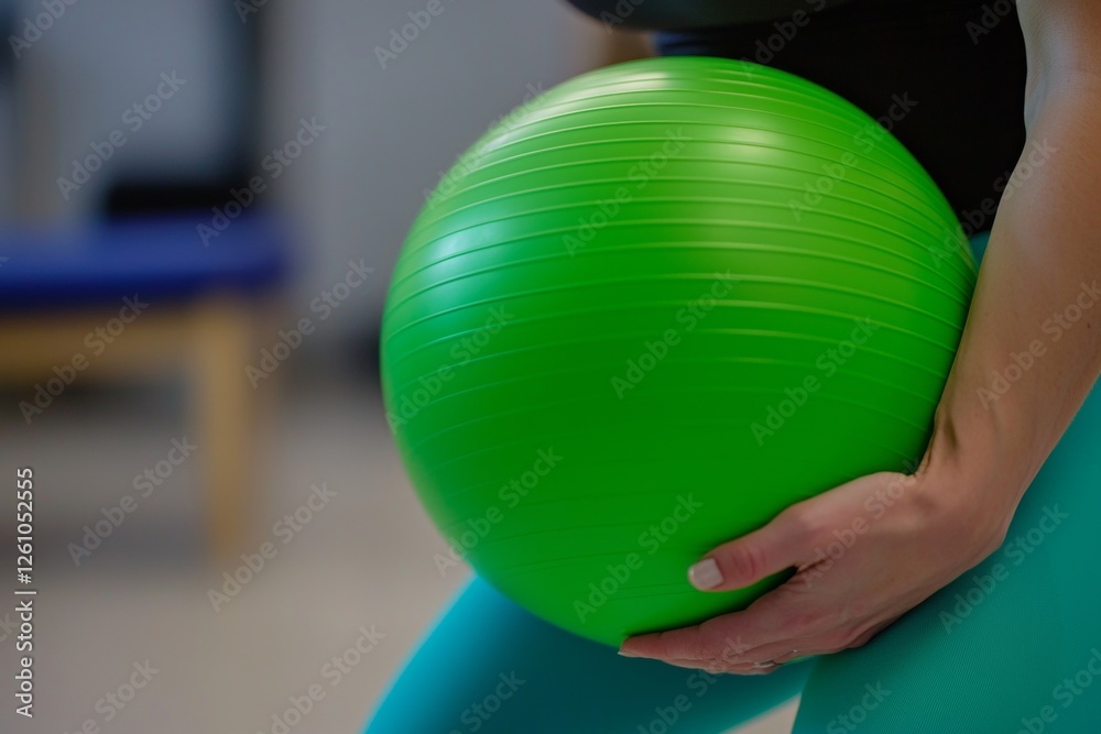 Focused fitness enthusiast grips a vibrant green exercise ball, highlighting dedication to strength training and balance. The setting suggests a modern gym environment Focused fitness enthusiast grips a vibrant green exercise ball, highlighting dedication to strength training and balance. The setting suggests a modern gym environment