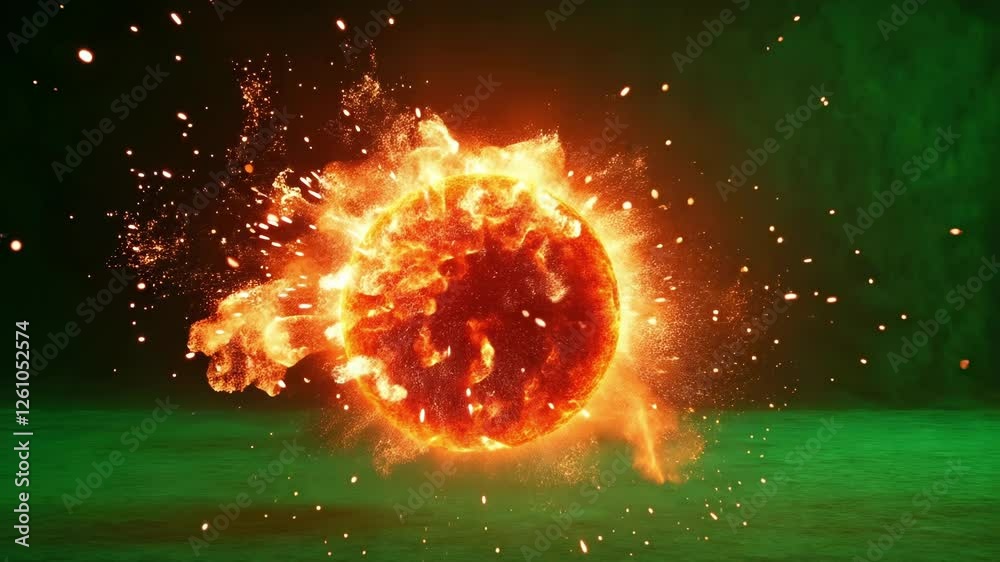 Luminous spherical object bursting with intense energy, generating fiery sparks and blazing flames against vivid green background, ideal for dynamic visual effects and professional compositing work