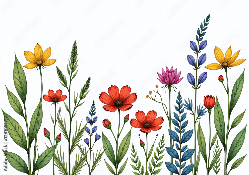 Fototapeta premium hand drawn wild plants flowers create beautiful colorful botanical
