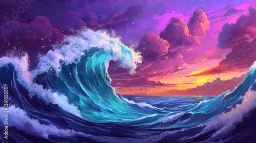 Fototapeta Naklejka Na Ścianę i Meble -  Breathtaking illustration of a tsunami wave amidst a stormy sea and stunning purple sunset sky
