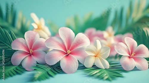 Pink and white tropical flowers, palm leaves, blue background, summer scene, ideal for spa, beauty, or travel