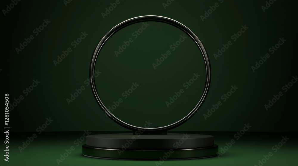 Minimalist 3d render featuring a sleek black podium with a circular ring against a vibrant green background, creating an elegant and modern space ideal for product presentation Minimalist 3d render featuring a sleek black podium with a circular ring against a vibrant green background, creating an elegant and modern space ideal for product presentation