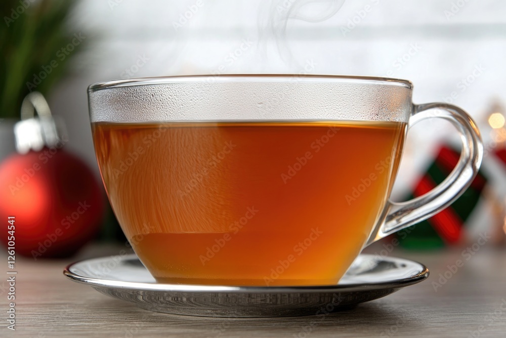 Warm cup of tea with steam rising, surrounded by festive decorat