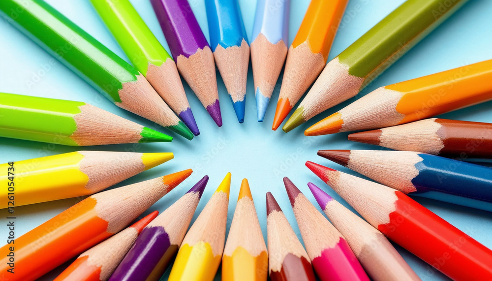 Una disposición circular de lápices de colores con las puntas afiladas hacia adentro. Los lápices son de varios colores Una disposición circular de lápices de colores con las puntas afiladas hacia adentro. Los lápices son de varios colores