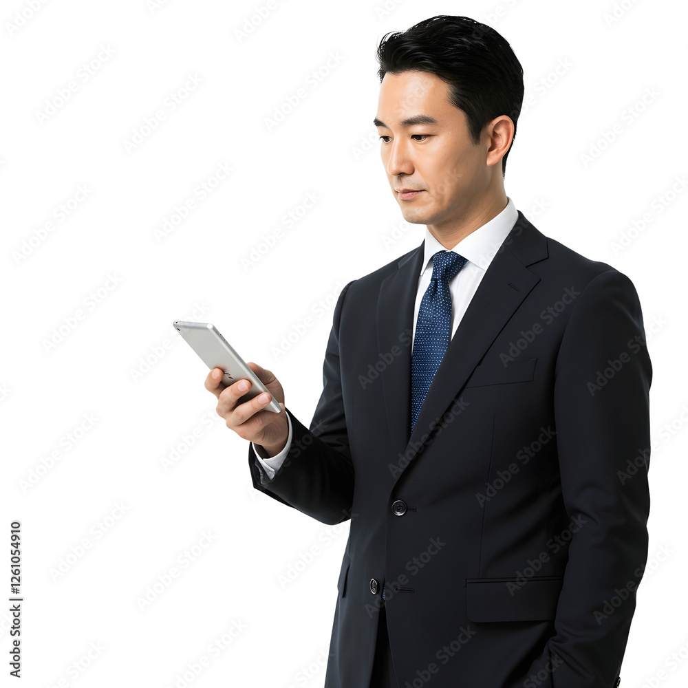 Businessman in Suit Using Smartphone on Transparent Background. PNG Businessman in Suit Using Smartphone on Transparent Background. PNG
