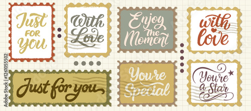Postage retro stamps postcards wishes. Vector illustrations
