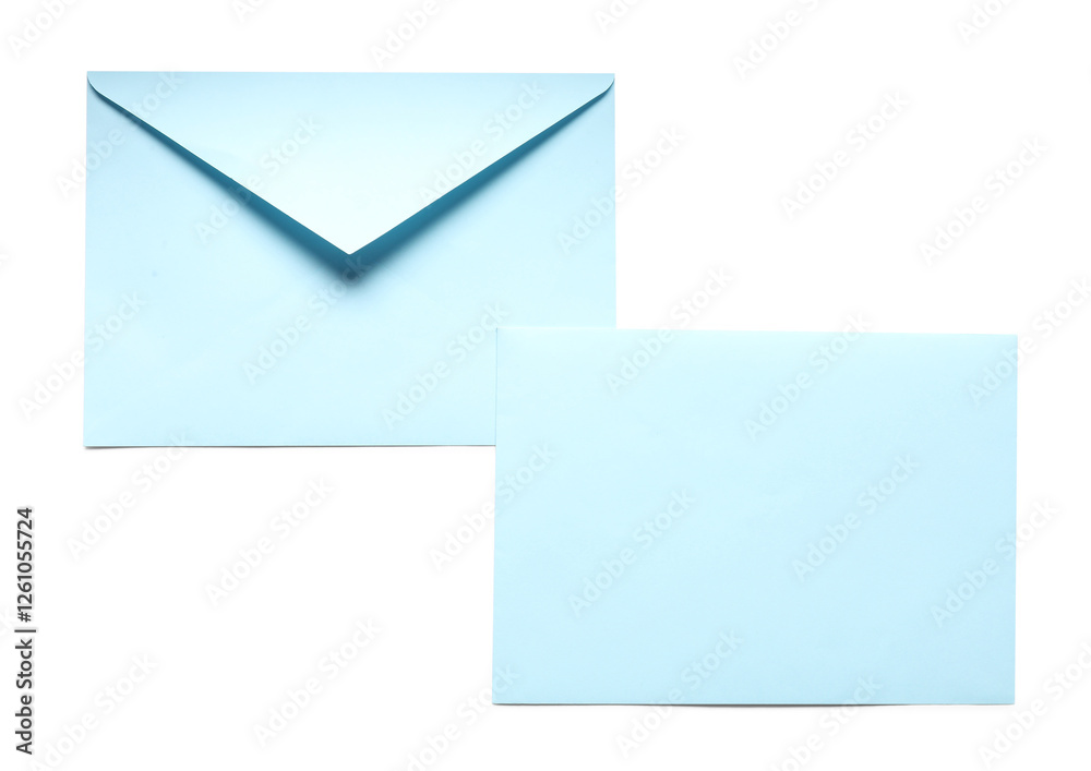 Blue envelopes isolated on white, top view. Mockup for design Blue envelopes isolated on white, top view. Mockup for design
