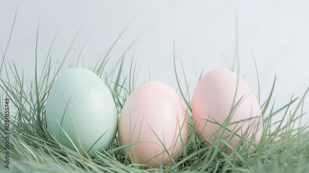 Three pastel-colored easter eggs resting in a soft green grass bed create a serene and festive springtime scene, perfect for celebrating the joy of the holiday season Three pastel-colored easter eggs resting in a soft green grass bed create a serene and festive springtime scene, perfect for celebrating the joy of the holiday season