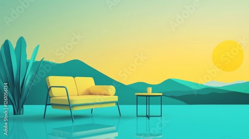 Yellow sofa and coffee table sit on a turquoise floor  overlooking a stylized landscape of teal mountains under a large yellow sun  creating a surreal and relaxing scene